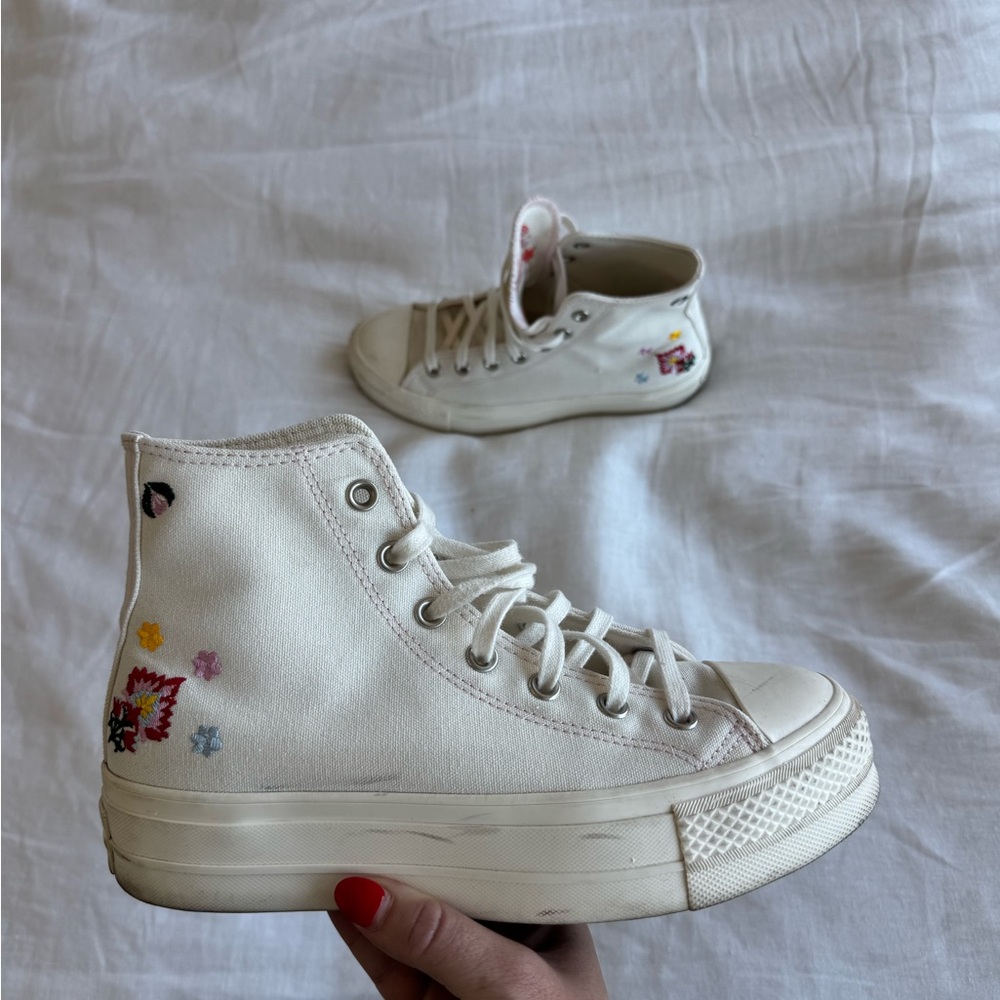 Converse Cream High-Top Sneakers with Embroidery